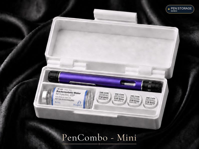 May include: A white rectangular storage case labelled Pen Storage Series and PenCombo - Mini. Inside is a purple injection pen, a 30 mL vial of Bacteriostatic Water for Injection, USP, and four One-Care 31G 6mm needle caps arranged in a row.