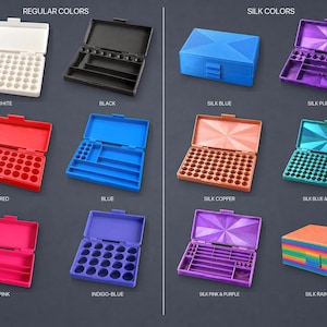 3dByPixel box color guide showing Regular and Silk options: White, Black, Red, Blue, Pink, Indigo-Blue, Silk Blue, Silk Purple, Silk Copper, Silk Blue & Green, Silk Pink & Purple, and Silk Rainbow.