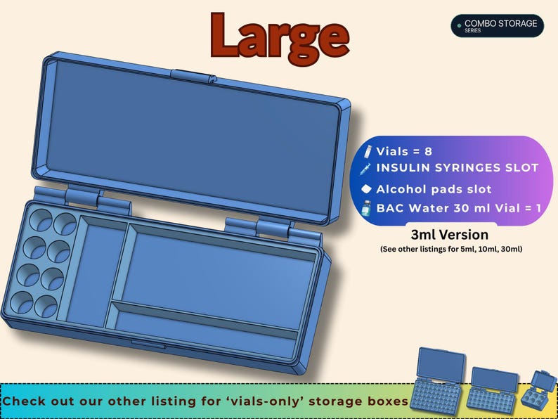 Puede incluir: Una caja de almacenamiento rectangular grande de color azul con tapa abatible. El interior cuenta con ocho ranuras circulares para viales, una ranura para jeringas de insulina, un espacio para almohadillas de alcohol y un hueco para un vial de agua BAC de 30 ml.