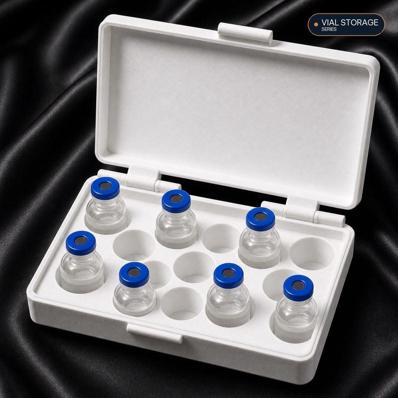 May include: A white plastic storage box with an open lid, featuring a grid of circular slots. Six clear glass vials with blue caps are seated in the slots. The text VIAL STORAGE SERIES is printed in the upper right corner of the box lid.
