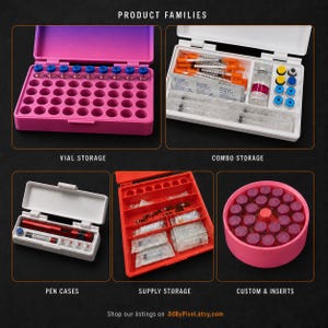 May include: A collection of storage organizers labeled Product Families including a pink vial storage box, a white combo storage box with syringes and alcohol pads, a white pen case, a red supply storage box, and a round pink custom insert container.