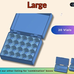 May include: A large blue storage box with an open hinged lid and twenty circular compartments for vials. The text "Large" appears at the top, "VIAL STORAGE SERIES" in the corner, "20 Vials" in a purple oval, and a note about combination boxes.