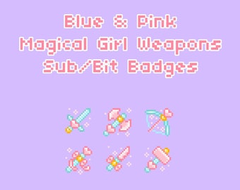Blue & Pink Magical Girl Weapons Pixel Art Sub/Bit Badges - Pastel RPG Twitch Icons