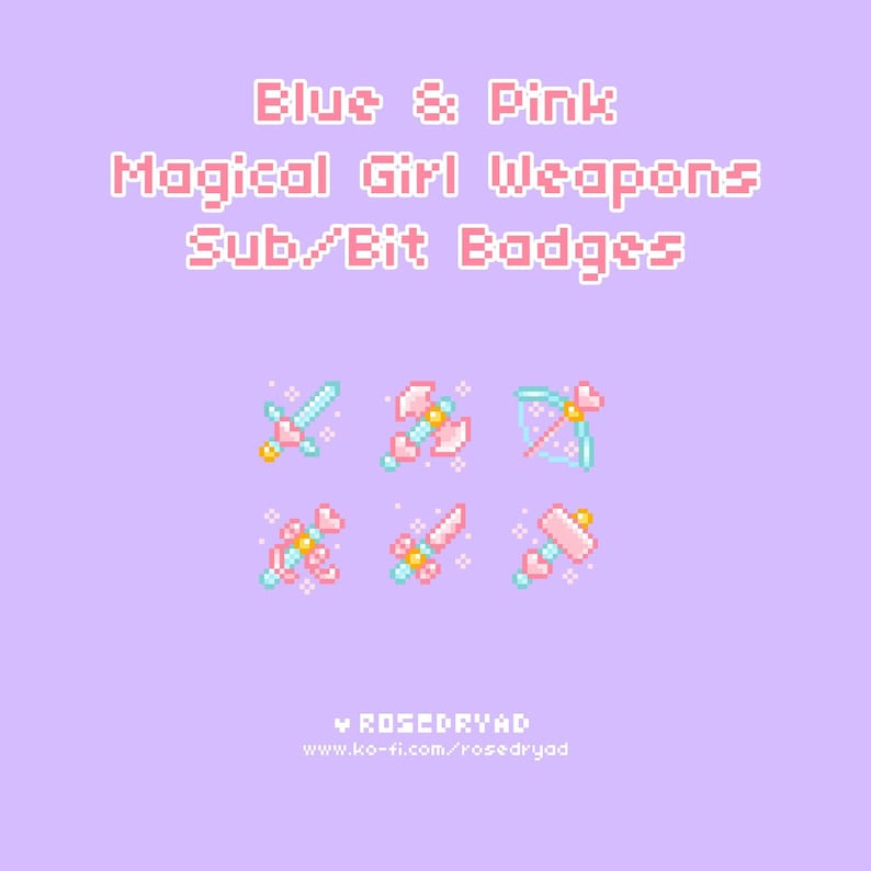 Blue & Pink Magical Girl Weapons Pixel Art Sub/Bit Badges Pastel RPG Twitch Icons image 1