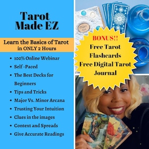 Puede incluir: Un gráfico azul y amarillo con el texto "Tarot Made EZ" y una lista de viñetas que describen los beneficios de aprender tarot. El gráfico también incluye una oferta de bonificación de tarjetas de memoria de tarot gratuitas y un diario de tarot digital gratuito.