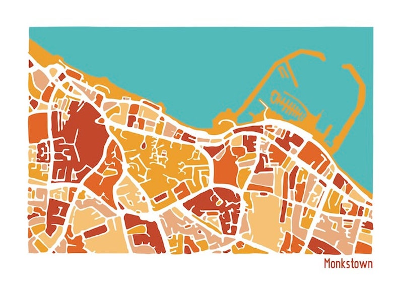Monkstown Dublin Map original illustration print Etsy