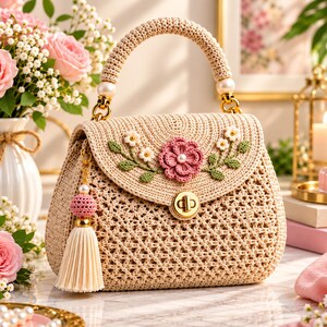 May include: A beige crocheted handbag featuring a structured handle, a gold-tone twist lock closure, and a decorative flap adorned with a central pink crocheted flower, small white flowers, and green leaves. A pink and beige tassel hangs from the side.