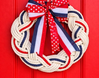 16” Nautical Rope Wreath, 4th of July decor, American flag rope wreath, red white and blue holiday celebration for front door. Coastal Decor