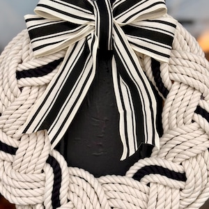 16” Black and White Cotton Rope Wreath, lake house, beach house, farmhouse wreath, everyday front door decor cape cod Seaside living classic