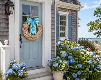 18” Nautical Jute Rope Wreath, Coastal Blue Hydrangea Bow, Beach House Decor