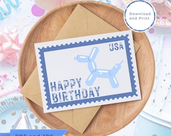 Verjaardagskaart AFDRUKBAAR | Fijne verjaardag | Verjaardagsstempel | Kaart met dierenballon | PDF JPG