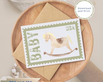 Babyshowerkaart AFDRUKBAAR | Genderneutraal | Douche voor meisjes of jongens | Gefeliciteerd baby | Vintage stempel | PDF JPG