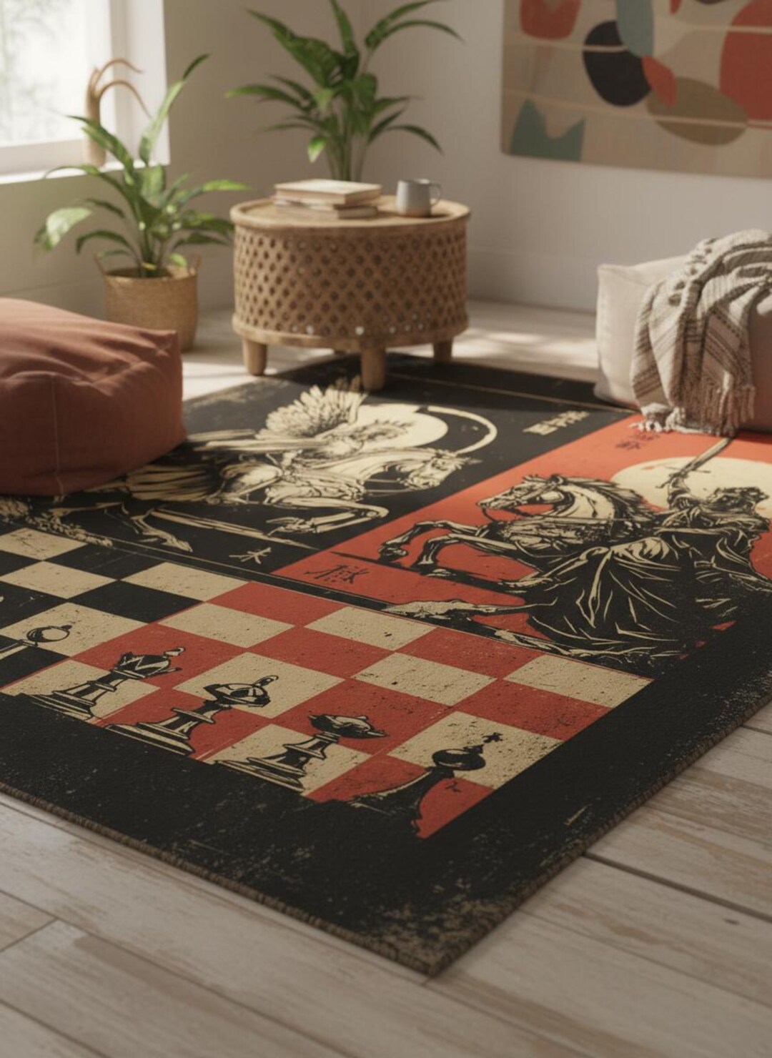 Vintage-style Chess Board Rug, Winged Knight, Japanese Text, Chess ...