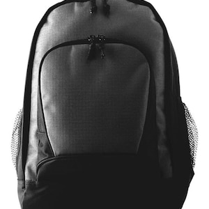 May include: A two-tone backpack in gray and black. The backpack has a large main compartment, a front pocket, and two mesh side pockets. The zippers have black pulls. The backpack is designed for carrying books, laptops, and other school or travel essentials.