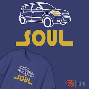 May include: A navy blue t-shirt with a white outline drawing of a car and the word "SOUL" in yellow. Above the shirt is a similar car outline and the word "SOUL" in yellow on a navy blue background. The image also includes the text "FG STUDIOS".