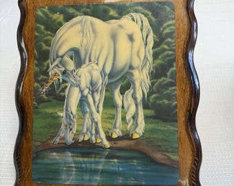 Vintage 12x10.25 Unicorn Decoupage Wood Wall Plaque Sue Dawe 1982 Lacquered