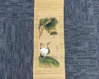Vintage Japanese Art Painted Bamboo Scroll 3 Ft Cranes Pine Trees Lucky 1970s