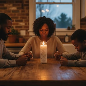 May include: A tall, cylindrical glass prayer candle with a lit wick, featuring a printed graphic of figures holding hands and the word UNITY. The candle sits on a wooden table, casting a warm glow in a dimly lit room with a brick wall background.