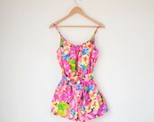 Vintage 1970s swimsuit / pink yellow tropical floral / 70s romper Catalina playsuit S / M