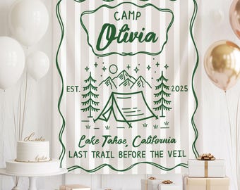 Camp Bachelorette Party Banner, Last Trail Before The Veil Backdrop, Hiking Hobby Bridal Shower Decor, Custom Name Mountain Bach Banner
