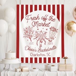 Frisch aus dem Markt Bachelorette Banner, benutzerdefinierter Name Brautdusche Hintergrund, personalisierte Hen Party Schild, Charleston Braut Decor