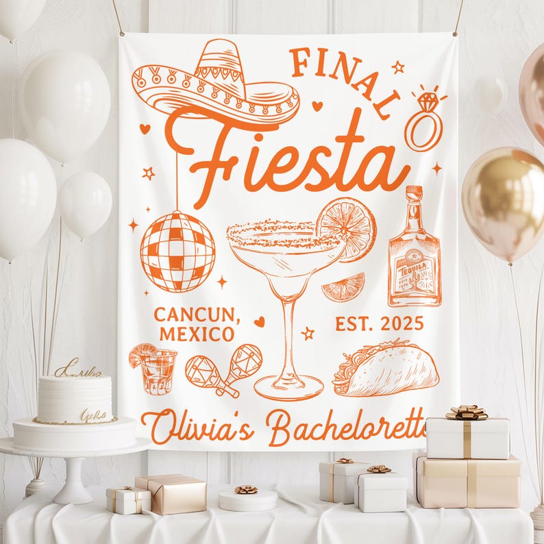 Puede incluir: Bandera blanca con ilustraciones y texto en naranja para una despedida de soltera. El dise&ntilde;o incluye un sombrero, margarita, bola de discoteca, botella de tequila y taco. El texto dice "Final Fiesta", "Canc&uacute;n, M&eacute;xico" y "Olivia's Bachelorette".