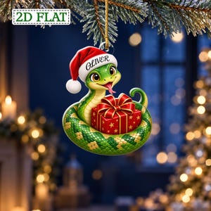 Custom Cute Green Snake Wearing Santa Hat Wrapping Red Gift Box Ornament, Festive Coiled Python Bauble, Gift for Reptile Lover
