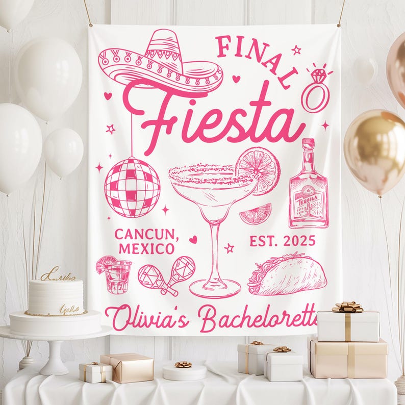 Puede incluir: Una pancarta blanca con ilustraciones y texto en rosa para una despedida de soltera. El dise&ntilde;o incluye un sombrero, una margarita, una bola de discoteca y las palabras "Final Fiesta" y "Olivia's Bachelorette". La pancarta est&aacute; decorada con globos y regalos.
