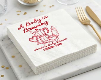 A Baby Is Brewing Custom Napkin, Coffee Baby Shower Napkins, Espresso Theme Party Decor, Cute Brewing Baby Shower Favor