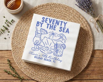By The Sea Custom Napkin, Tropical Birthday Party Napkin, Beach Cocktail Shell Napkin, Coastal Milestone Party Decor, Ocean Theme