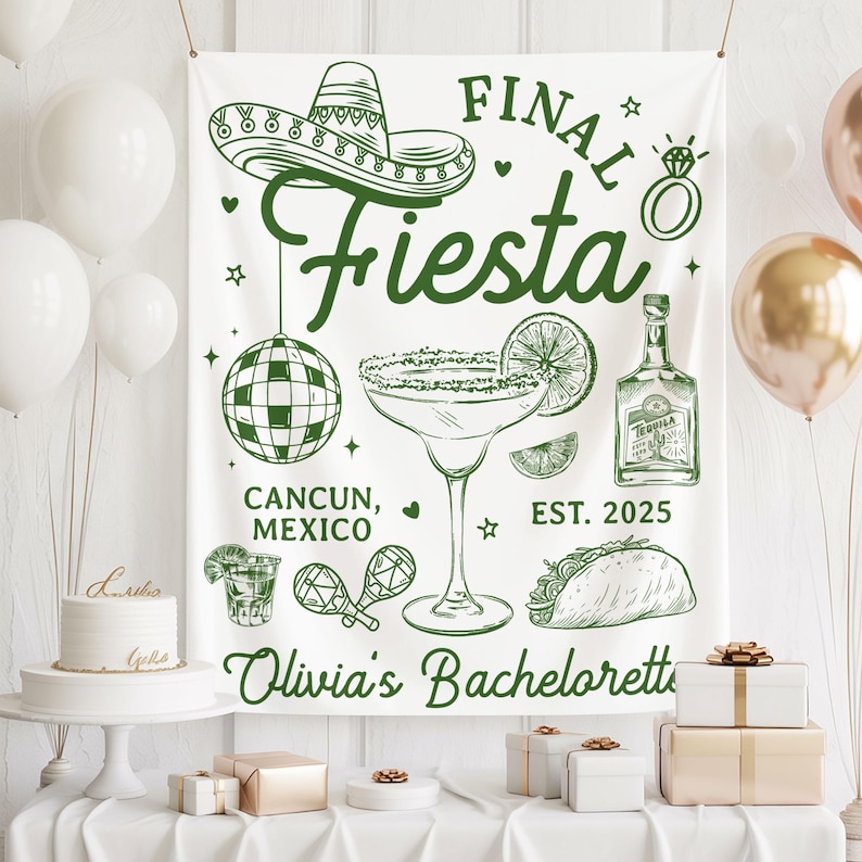Puede incluir: Una pancarta blanca con ilustraciones y texto verdes para una despedida de soltera. El dise&ntilde;o incluye un sombrero, una margarita, una botella de tequila, una bola de discoteca y un taco. El texto dice "FINAL Fiesta", "Canc&uacute;n, M&eacute;xico", "EST. 2025" y "Olivia's Bachelorette".