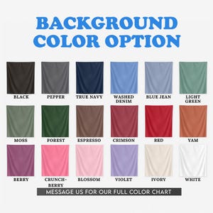 Puede incluir: Una carta de colores muestra opciones de tela en negro, pimienta, azul marino, mezclilla lavada, azul vaquero, verde claro, musgo, bosque, espresso, carmes&iacute;, rojo, &ntilde;ame, baya, crunch-berry, flor, violeta, marfil y blanco. Texto: "BACKGROUND COLOR OPTION".