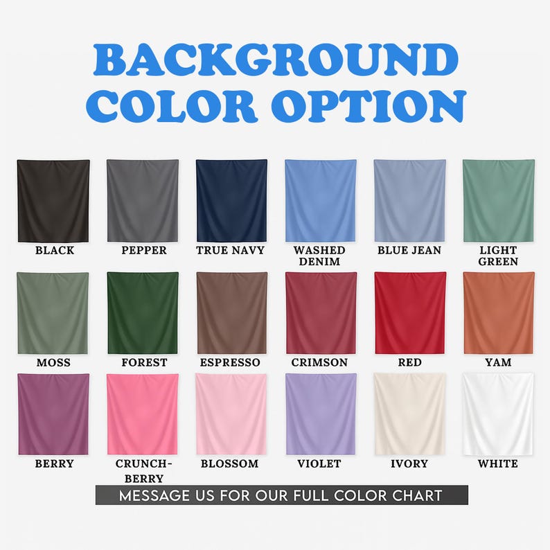 Puede incluir: Una carta de colores muestra opciones de tela en negro, pimienta, azul marino, mezclilla lavada, azul vaquero, verde claro, musgo, bosque, espresso, carmes&iacute;, rojo, &ntilde;ame, baya, crunch-berry, flor, violeta, marfil y blanco. Texto: "BACKGROUND COLOR OPTION".