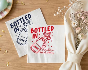 Bottled In Birthday Custom Napkin, Champagne Bottle Party Napkin, Milestone Birthday Decor, Personalized Celebration Napkins