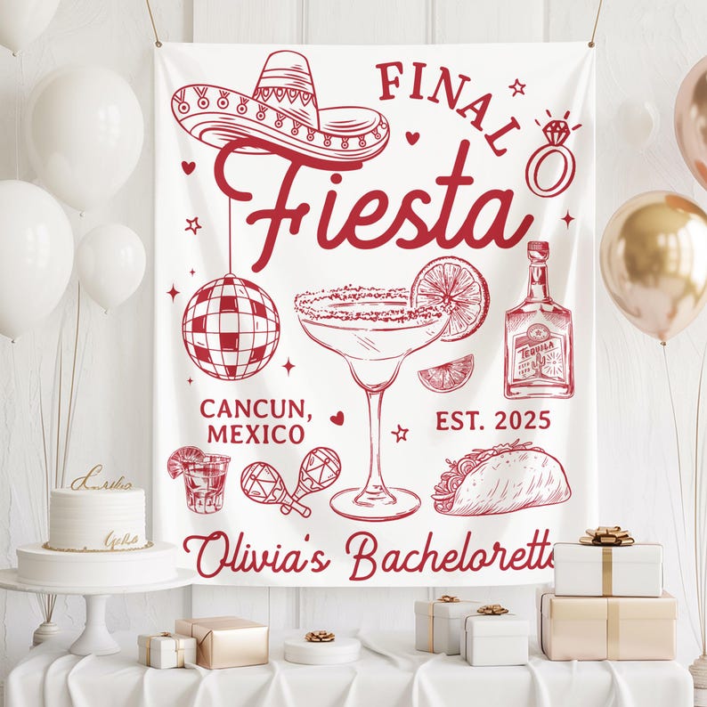 Puede incluir: Bandera blanca con ilustraciones y texto en rojo para una despedida de soltera. El dise&ntilde;o incluye un sombrero, margarita, bola de discoteca, botella de tequila y las palabras "FINAL Fiesta" y "Olivia's Bachelorette".