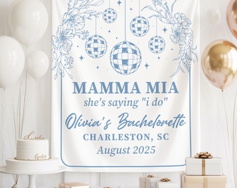 Banner de despedida de soltera "Mamma Mia", tapiz "Ella dice que sí", fondo personalizado con el nombre de la novia, decoración para fiesta de boda con temática disco