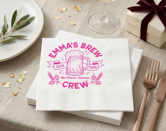Custom Brew Crew Bachelorette Party Napkins, Personalized Beer Mug Birthday Napkin, Fun Girls Trip Drink Napkins For Friends