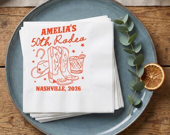 Western Rodeo 50th Birthday Custom Napkin, Cowboy Boots Party Napkins, Cowgirl Birthday Decor, Horseshoe Cocktail Napkin