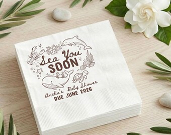 Sea You Soon Custom Napkin For Baby Shower, Ocean Theme Napkin, Whale Dolphin Shower Favor, Under The Sea Party Decor, Coastal Baby Party