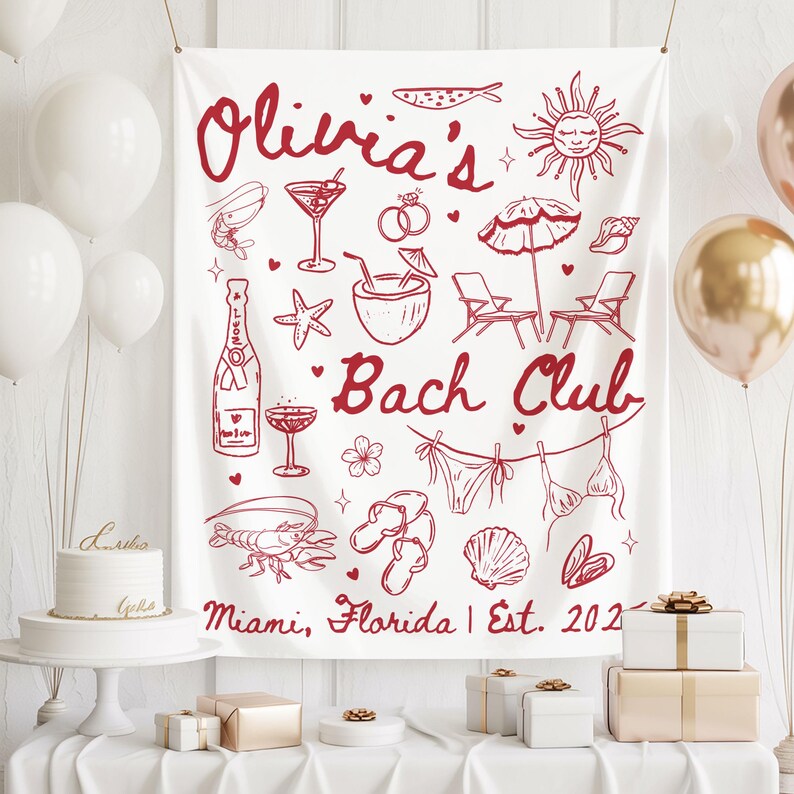Pode incluir: Bandeira de tecido branco com ilustra&ccedil;&otilde;es e texto em vermelho. A bandeira diz "Olivia's Bach Club" com desenhos tem&aacute;ticos de praia como um sol, coquet&eacute;is e trajes de banho. O texto "Miami, Florida | Est. 2021" tamb&eacute;m est&aacute; inclu&iacute;do. Bal&otilde;es e presentes no fundo.
