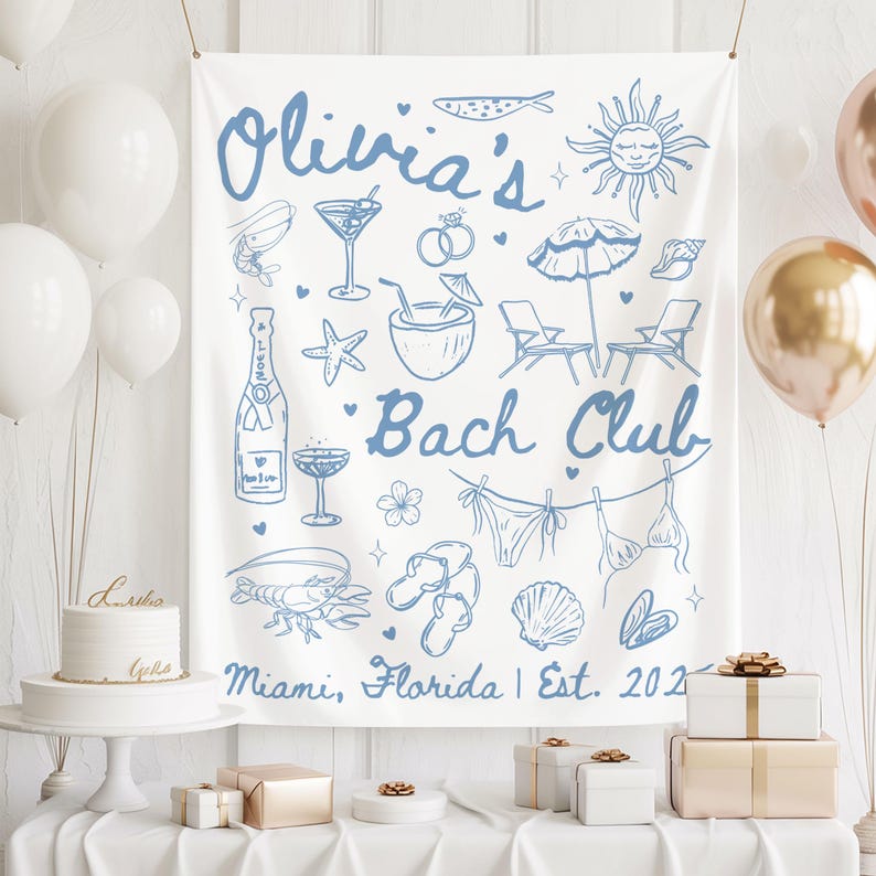 Pode incluir: Uma faixa branca com ilustra&ccedil;&otilde;es e texto azuis para uma despedida de solteira. A faixa inclui desenhos de artigos de praia, cocktails e o texto "Olivia's Bach Club, Miami, Florida | Est. 2021".