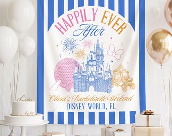 Banner de despedida de soltera "Felices para siempre", telón de fondo para despedida de soltera de Disney, decoración de fin de semana de novia de cuento de hadas