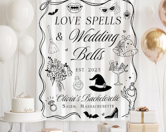 Banner de despedida de soltera con hechizos de amor y campanas de boda, decoración para despedida de soltera en Salem, despedida de soltera espeluznante, telón de fondo para despedida de soltera con temática de brujas