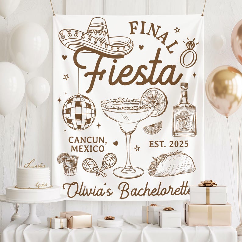 Puede incluir: Una pancarta blanca con ilustraciones y texto marr&oacute;n para una despedida de soltera. El dise&ntilde;o incluye un sombrero, margarita, bola de discoteca, botella de tequila y taco. El texto dice "FINAL Fiesta" y "Olivia's Bachelorette". Globos y regalos en el fondo.