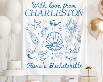 Faixa de despedida de solteira em Charleston, cenário para festa com nome personalizado, decoração para noivas no litoral, tapeçaria para despedida de solteira "Last Splash", placa de Bach com localização na praia.