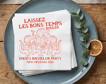 Laissez Les Bons Temps Rouler Custom Napkin, Alligator Bachelor Party Cocktail Napkins, Funny Groom Mardi Gras Party Beverage Napkin