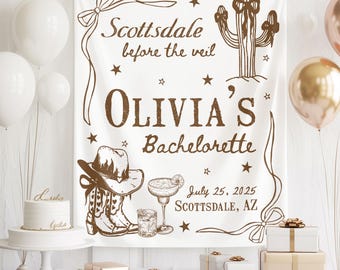 Banner de despedida de soltera Scottsdale Before The Veil, telón de fondo para fiesta vaquera del oeste, decoración de despedida de soltera Last Rodeo, banner personalizado con nombre para la novia