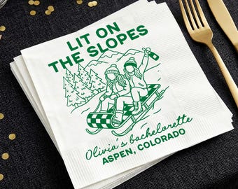 Lit On The Slopes Custom Napkin, Ski Bachelorette Party Personalized Napkins, Winter Wedding Cocktail Napkin, Girls Trip Paper Serviette