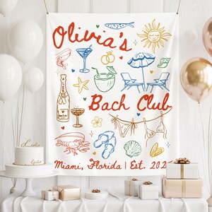 Pode incluir: Banner branco com ilustra&ccedil;&otilde;es coloridas e texto "Olivia's Bach Club Miami, Florida | Est. 2021." Apresenta desenhos tem&aacute;ticos de praia como um sol, coquet&eacute;is e trajes de banho. Bal&otilde;es e presentes ao fundo.