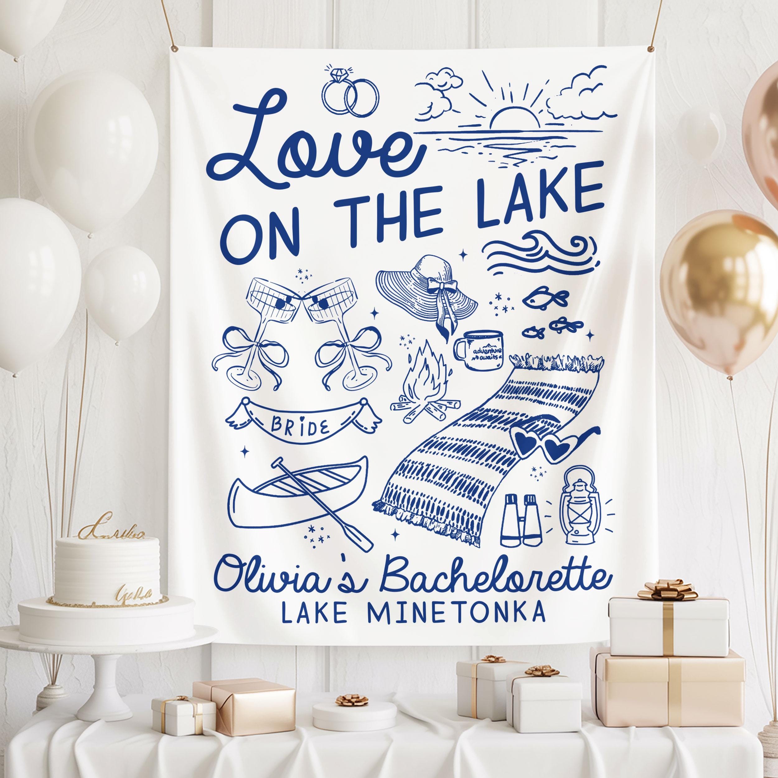 湖畔の恋の独身パーティーバナー、花嫁になる人のためのカスタムタペストリー、ブライダルシャワーの背景、独身最後の週末のための湖畔の家のバナー, image size:2500x2500